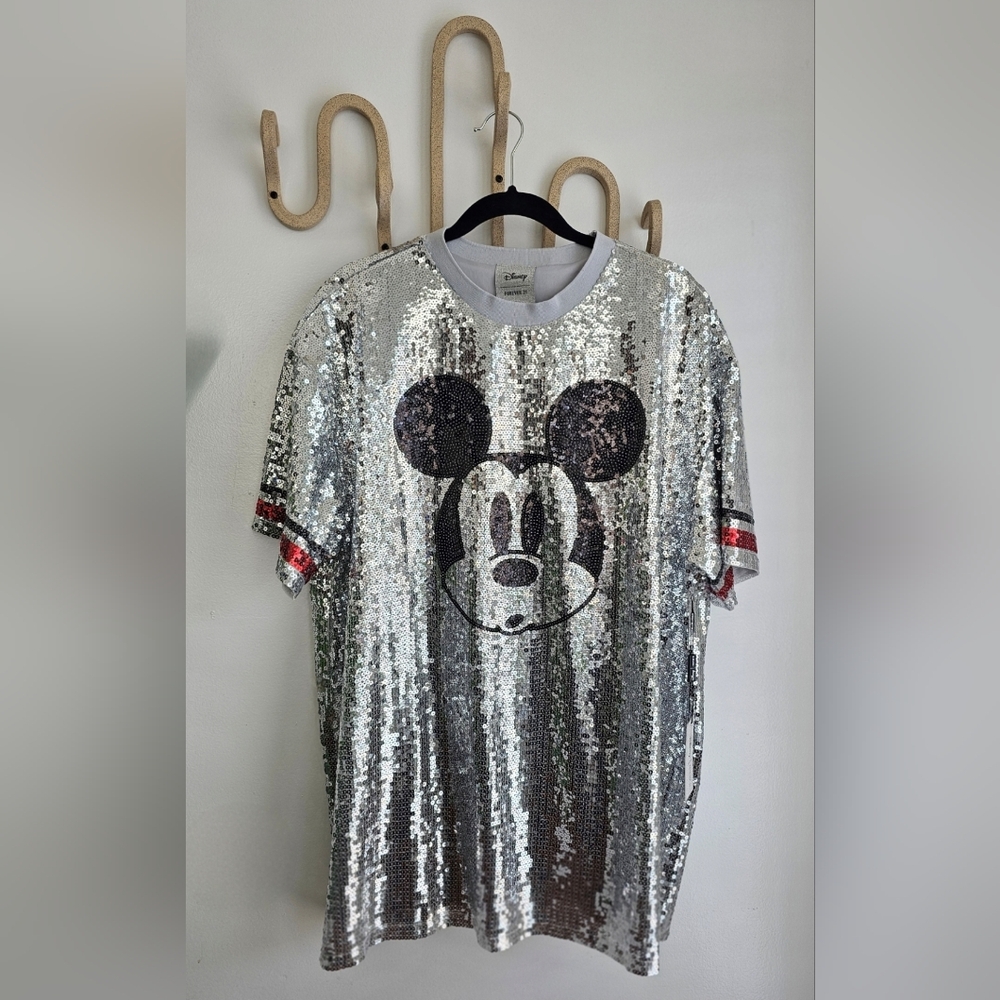 NWT Disney x Forever 21 Silver Sequin Mickey Mouse T-Shirt Mini Dress XL